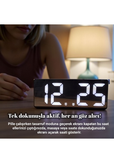 Upway Çift Alarmlı Dijital Masa Saati-aynalı Termometreli Tarihli Sese Duyarlı Beyaz Siyah - Beyaz