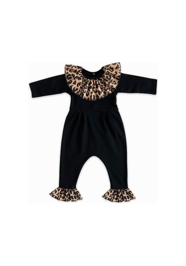 Kız Çocuk Leopar Yakalı Çıtçıt Detaylı Tulum Salopet Tlm-0051 Siyah