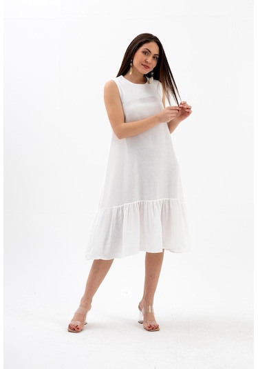 Kristal Keten Kolsuz Kadın Salaş Elbise - Ekru-ekru