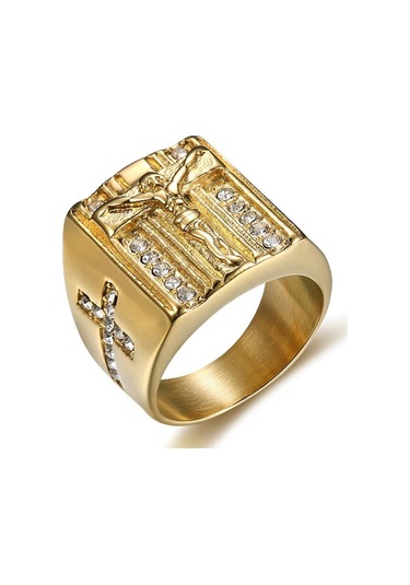 Boyutu 6-15 Altın Paslanmaz Çelik İsa Dua Haç Erkekler İçin Premium Yüzük Altın