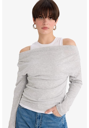 Defacto Slim Fit Dar Kesim Tek Omuzlu Çift Katmanlı Ribana Uzun Kollu Tişört G6336ax25wngr93 Gri-gr93