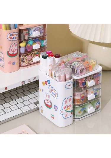 Fosenze 14x10x12 Cm Derin Nicheli, Raf Ve 3 Kaydırmalı Çekmeceli Masaüstü Organizer - Ofis, Ev İçin Kaliteli Stok Ve Aksesuar Saklama Kutusu Beyaz