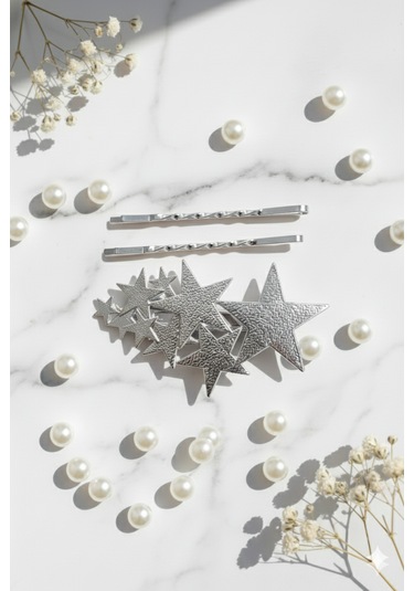 Yıldız Desneli Metal Toka Ve 2 Adet Tel Toka, Toplam Üç Adet Metal Toka Gümüş