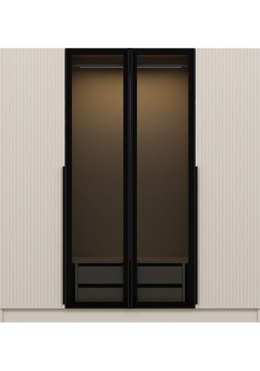 Kale Plus 4 Mebran Kapaklı 2 Çekmeceli Dolap Kumtaşı Mebran Füme Cam 210cm Kumtaşı