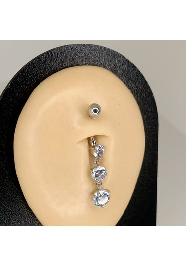 Aya Tasarım Gümüş Renk Üç Taşlı Göbek Piercing