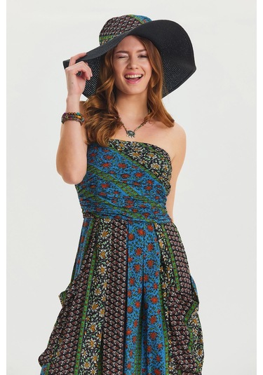 Straplez Göğüs Cep Detaylı Kloş Elbise M