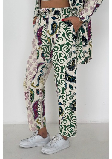 Etnik Desen Baskılı Keten Takım Yeşil Yeşil