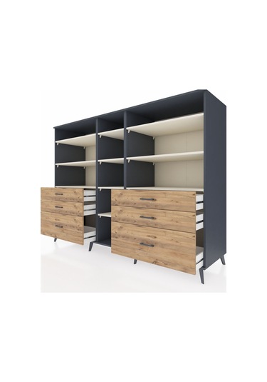 Kronos Dolap 10 Raflı 6 Çekmeceli 220x59x163 Antrasit-aytaşı/çam Antrasit-aytaşı/çam