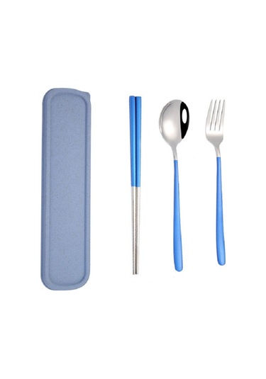 Sones 3 Adet / Set Taşınabilir Paslanmaz Çelik Sofra Takımı Yaratıcı Set Çubuk Kaşık Çatal Hediye, Renk: Mavi