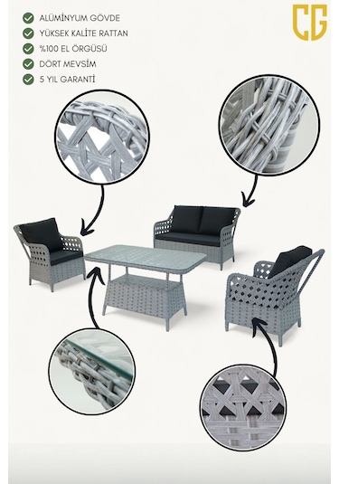 İcon Raddan 2+1+1 Çay Seti Balkon Teras Bahçe Mobilyası El Örgüsü Raddan 4 Kişilik Oturma Grubu Açık Gri İcon Raddan 2+1+1 Çay Seti Balkon Teras Bahçe Mobilyası El Örgüsü Raddan 4 Kişilik Oturma Grubu Açık Gri