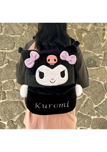 Kuromi Sırt Çantası Büyük Kapasiteli, Peluş Detaylı Sevimli Karikatür Tasarım, Günlük Kullanım & Hed Siyah
