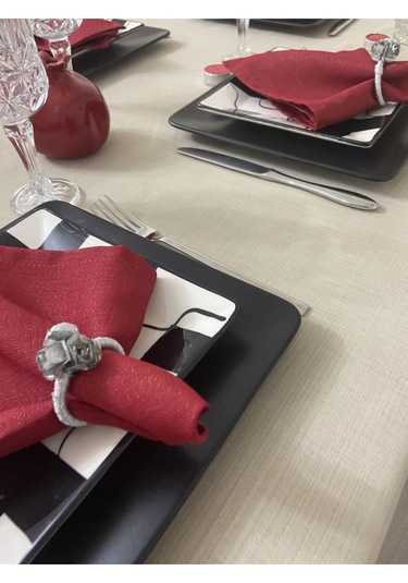 Keten Görünümlü Begonvil Masa Örtüsü Kapuçino 27 Parça Set