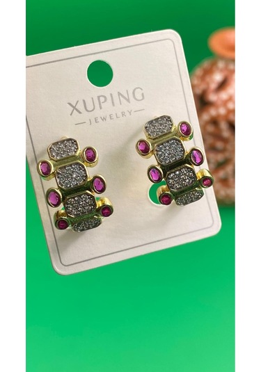 Xuping Altın Renginde Halka Model Mor Taşlı Çelik Küpe Altın