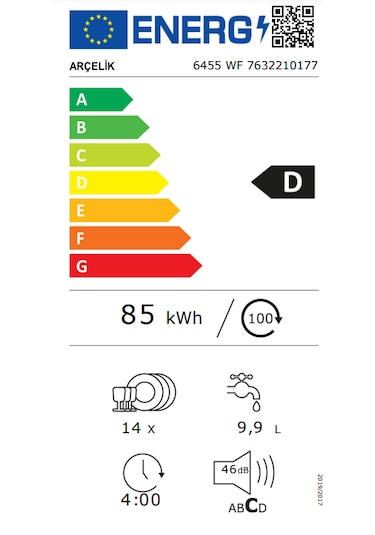 Arçelik 6455 WF 5 Programlı 14 Kişilik Bulaşık Makinesi