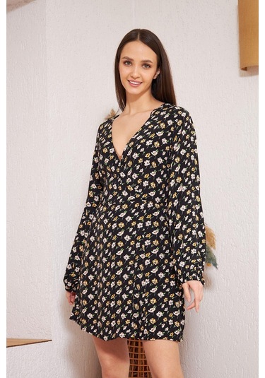 Siyah Çiçek Desenli Elbise Dm1025