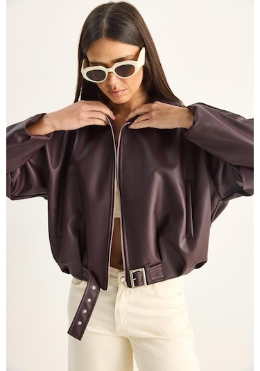 Oversize Tokalı Deri Ceket 3137 60284058 - Bordo