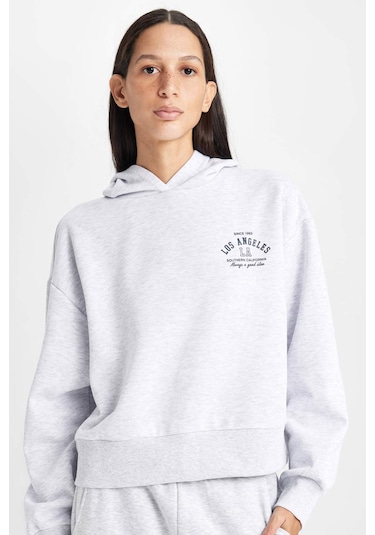 Defacto Regular Fit Kapüşonlu Baskılı Kalın Sweatshirt D6720AX24WNGR93 Gri