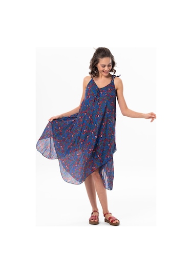 Askılı Vual Afrodit Midi Boy Yazlık Elbise Saks 6171 - Kadın Saks Mavisi