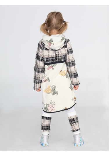 Ekose Baskılı Hoodie Kız Elbise + Tozluk Takım-gri Gri