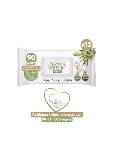 Baby Turco Doğadan Yenidoğan Islak Bebek Havlusu 12 X 90 Yaprak