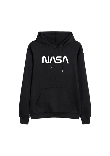 Unisex Siyah Nasa Baskılı Kapüşonlu Sweatshirt Siyah