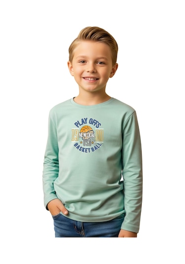 Düz Yuvarlak Yaka Playy Of Baskı Detaylı Erkek Çocuk Sweatshirt Mint Yeşil
