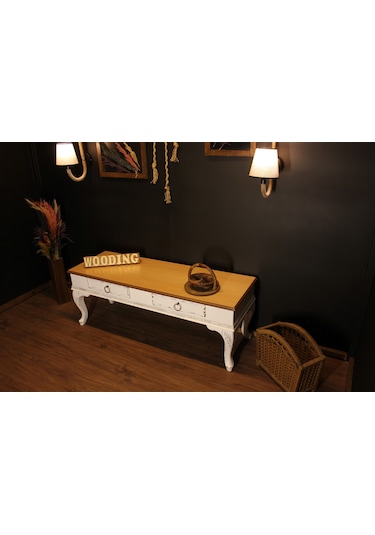 Wooding 120 Cm Masif Naturel Beyaz Oymalı Tv Ünitesi