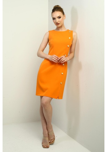Kadın Kendinden Telalı Yan Düğmeli Kısa Elbise-40641 Oranj