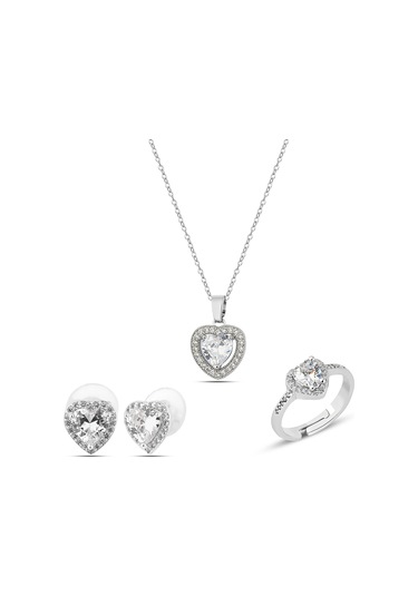 Forentina Gümüş Kaplama Kalpli Kolye Küpe Yüzük Siyah Kadife Kutuda Takı Seti Ps3294 Çok Renkli
