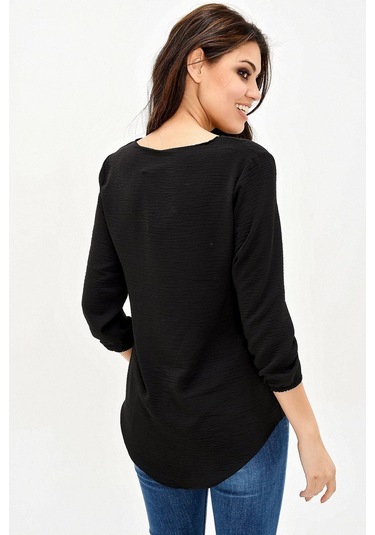 Kadın Siyah Yakası Yırtmaçlı Airobin Bluz Truvakar Kol Kaliteli Dokulu Kumaş Standart Boy Siyah