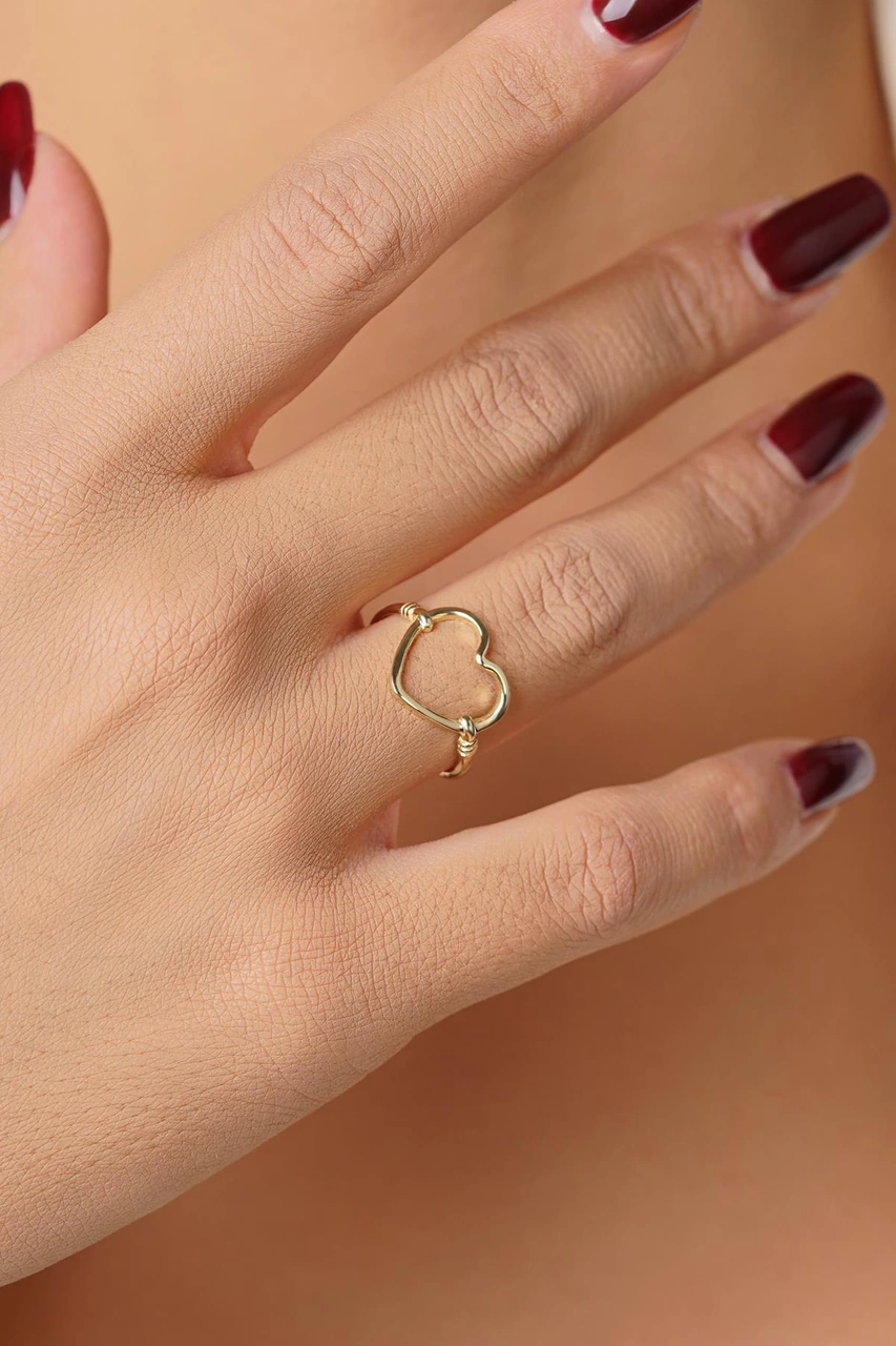 14 Ayar Altın Kalp Motifli Yüzük Pembe Altın