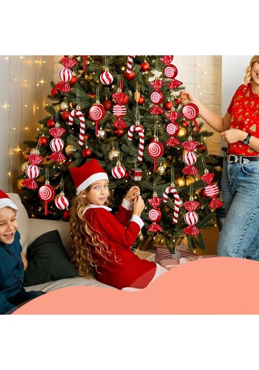 Geeksen 30 Parça Plastik Noel Şeker Süs Seti Pembe-beyaz: Nane Şekeri, Asa Şekeri, Çubuk Şeker Figürleri