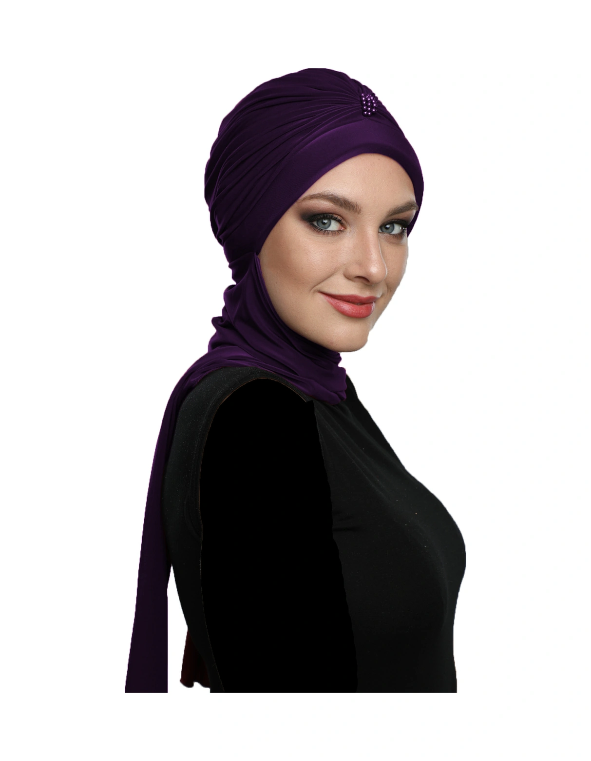 Incili Atkılı El Işi Inci Işlemeli Mor Hazır Türban Tesettür Bone Mor