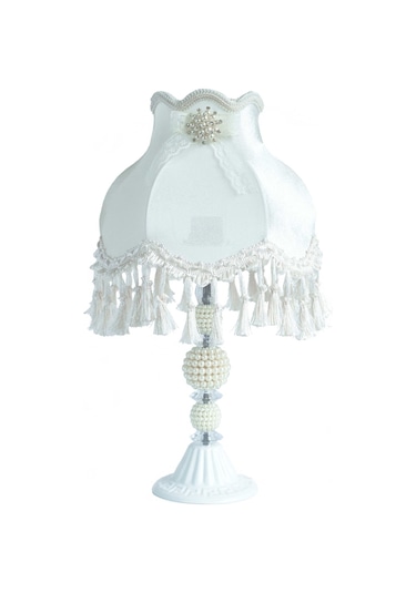 Dekovien Kadife Kaplı Çiçek Dekorlu Beyaz Abajur