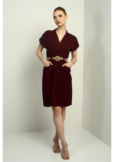 Kadın Torba Cepli Beli Kemerli Elbise-40676 Bordo
