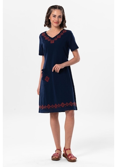 Kolsuz Şile Bezi Kruvaze Yaka Nakışlı Tülin Midi Boy Yazlık Otantik Elbise Lacivert Lcvt-lacivert Lacivert