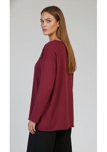 Taş Desenli Uzun Kollu Bambu Viskon Kumaş Bluz Bordo