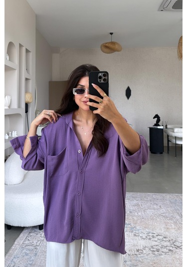 Paw Garage Kadın Flory Ayrobin Oversize Tek Cep Gömlek Mor