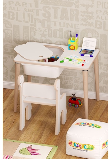 Miracle 3d Çocuk Oyun Etkinlik Çalışma Masası Ve Sandalye Aktivite Masası Beyaz