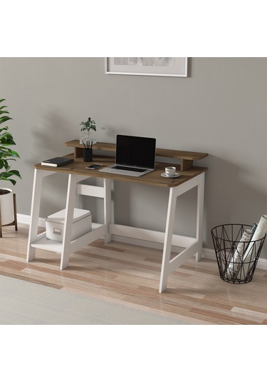 Country Ergonomik Çalışma Masası, Modern Bilgisayar Masası - Beyaz/Antik Ceviz