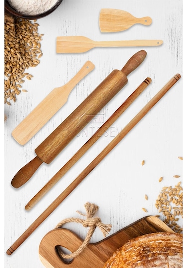 Zambak Serisi Ahşap Hamur Açma Oklavası Merdanesi Börek Seti 6 Lı