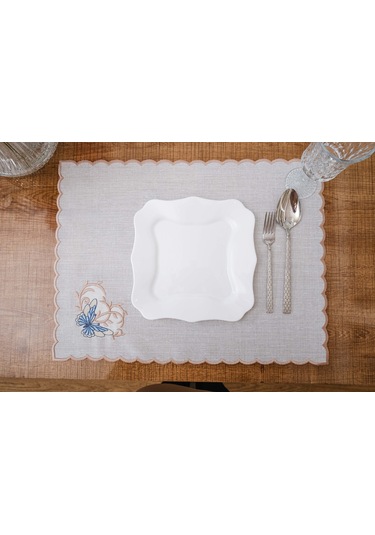 Finezza Dolce Nakışlı Keten Efekt Kumaş Krem Mavi A.Servis 34x45 cm 4 Ad -1397 Krem