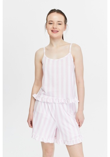 Bella Dossi Askılı Rahat Pamuklu Çizgili Kumaştan Fırfır Detaylı Şortlu Kadın Pijama Takımı Pembe/beyaz Pembe