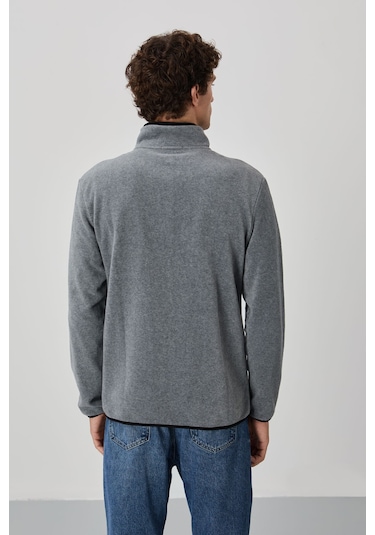 Tommy Life Gri Melanj Yazı Nakışlı Dik Yaka Fermuarlı Standart Kalıp Erkek Sweatshirt Polar - 87992 GRİ MELANJ