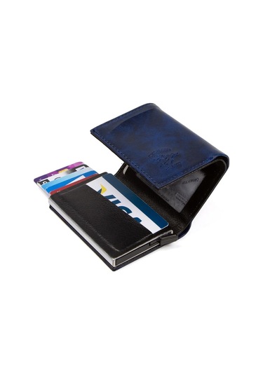 Tuldar Erkek Rfıd Otomatik Çekim Koruyucu Mekanizmalı Kağıt Para Bölmeli Hediyelik Kartlık Cüzdan Tul601 - Lacivert