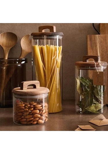 Pazly Şeffaf Cam Kavanoz Ahşap Saplı Kapaklı Depolama Kavanoz 1400ml Mutfak İçin Şeffaf