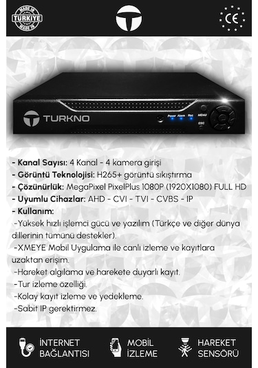 Turkno 3 Kameralı Supia 3 Dış Kamera Set 2 TB 5 MP 2K Net Renkli Gece Görüşlü Güvenlik Kamerası Sistemi