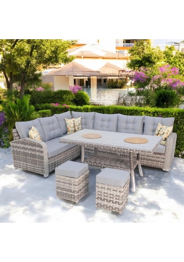 Aria Rehome Rattan İki Puflu L Köşe Takımı 708