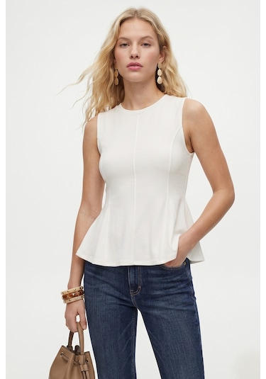 Ritnice Kadın Rowe %100 Pamuk Peplum Sıfır Kol Ekru Bluz