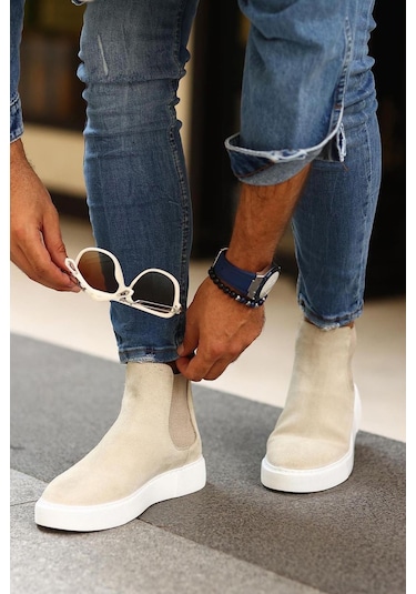 Shoetyle - Bej Hakiki Deri Süet Erkek Chelsea Bot 250-041 -1165 Bej